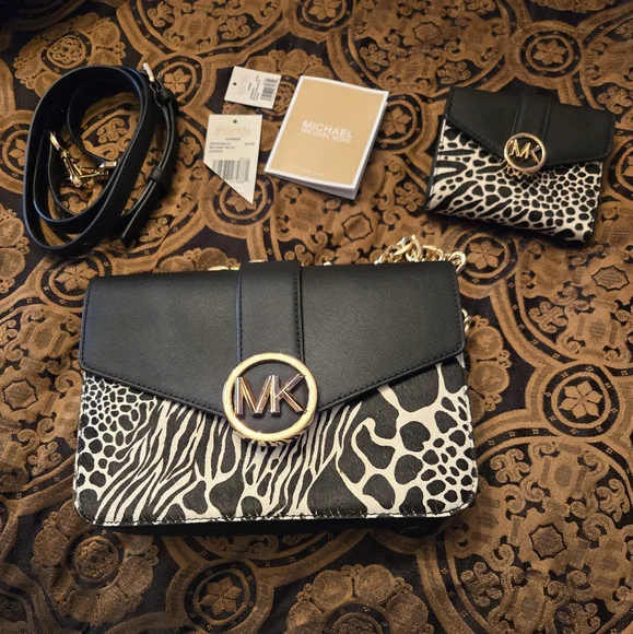 New Michael Kors Carmen black leather & haircalf handbag & wallet set - Picture 1 of 15